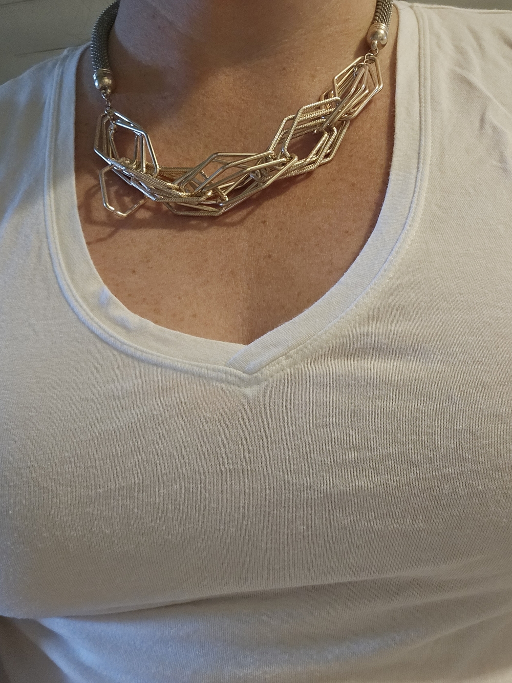 Silver And Rose Gold Tone Geometric Chain Statement Necklace